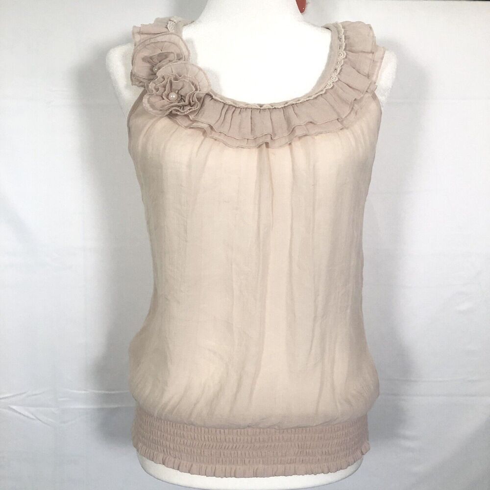 Mine Sheer Pullover Blouse Top Size S Scoop Neck Pearl Rosettes Beige